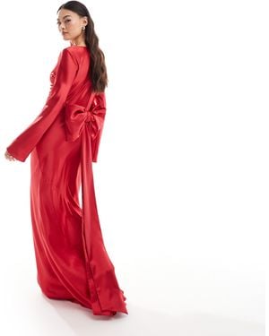 DASKA Satin Maxi Dress With exaggerated Bow Back - Red