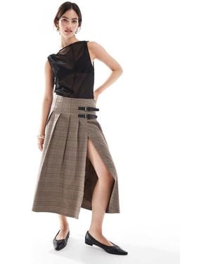 Bershka Buckle Detail Pleated Midi Skirt - Natural