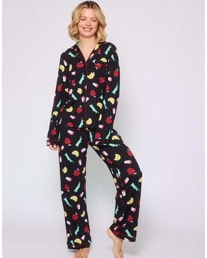 Loungeable Long Sleeved Button Down Traditional Pyjama Set - Blue