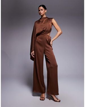 ASOS Satin One Sleeve Cut Out Jumpsuit - Brown