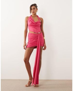Murci Twist Strap Metal Hardware Detail Cutout Drape Skirt Mini Dress - Pink
