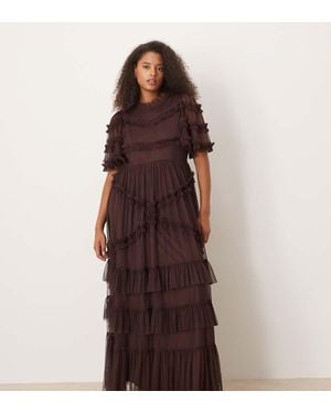 Lace & Beads Plus High Neck Short Sleeve Tulle Maxi Dress - Brown