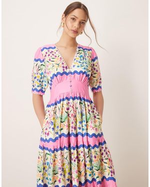 Hope & Ivy V-neck Puff Sleeve Midi Smock Dress - Multicolour