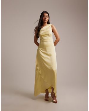 TFNC London Bridesmaid Satin One Shoulder Wrap Skirt Maxi Dress - Yellow
