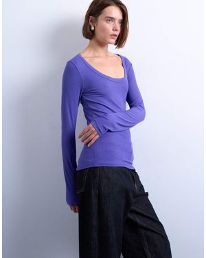 TOPSHOP Top Morado De Manga Larga Con Cuello Ancho De Canalé Premium De