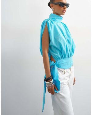 TOPSHOP Funnel Neck Gathered Waist Tie Detail Top - Blue