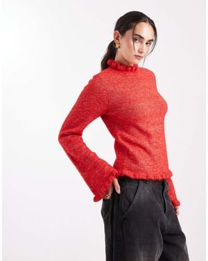 Pieces Frill Neck Knitted Sweater - Red