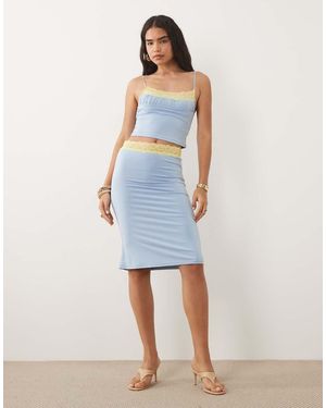 Tiger Mist Parisa Butter Touch Slinky Contrast Lace Trim Midi Skirt - Blue