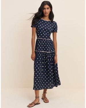 Nobody's Child Polka Dot Tiered Dara Midi Dress - Blue