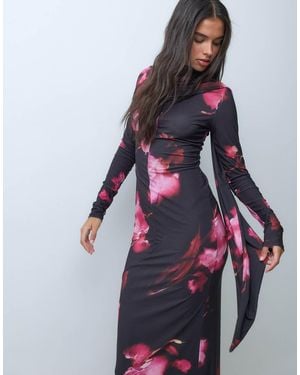 ASOS Aansluitende Maxi-Jurk Met Lange Mouwen, Hoogsluitende Hals En Sjaaldetail - Blauw