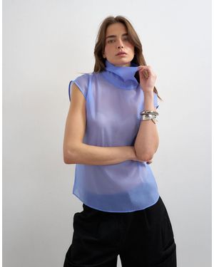 TOPSHOP High Neck Grown On Shoulder Sheer Organza Top - Blue