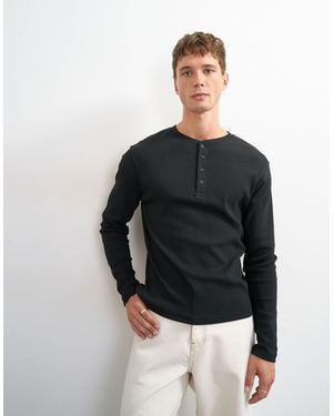 TOPMAN T-shirt classique en maille côtelée à manches longues et col tunisien - Noir