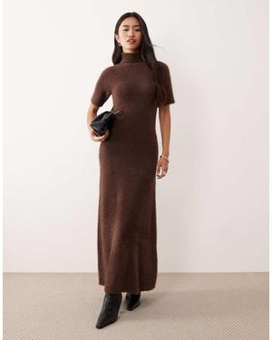 Pretty Lavish Fluffy Knit Turtle Neck Short Sleeve Maxi Dress - Brown