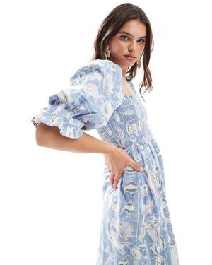 Object Vestido Midi Azul Lavado Amplio Con Estampado De Peces Vintage De