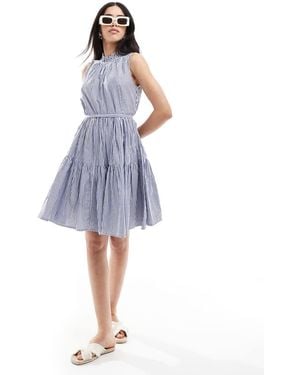 French Connection High Neck Tiered Poplin Mini Dress - Blue