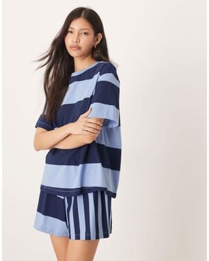 ASOS Mixed Stripe Oversized Tee And Short Pajama Set - Blue