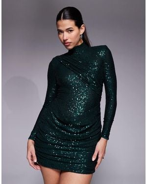 Ruched & Ready Removable Shoulder Pad Detail High Neck Drape Front Ruched Skirt Sequin Mini Dress - Blue