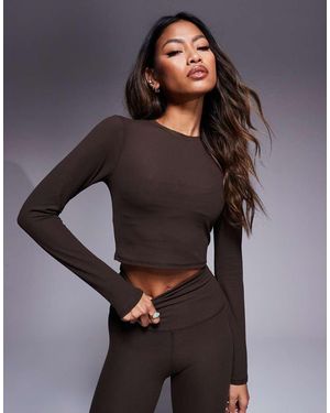 4505 Crop Top A Maniche Lunghe Color Tartufo A Coste Morbido Al Tatto - Marrone