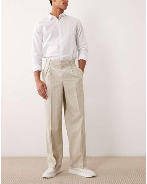 ASOS Linen Mix Smart Pleated Wide Leg Trousers - Natural