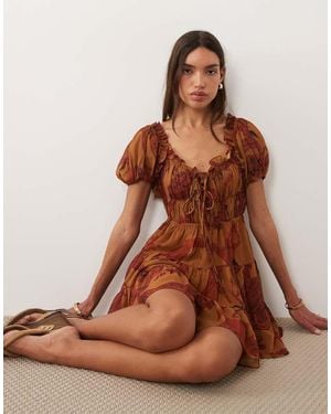 ASOS Boho Ruffle Puff Sleeve Mini Dress - Brown