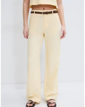 Stradivarius Straight-leg Linen Mix Trousers With Belt - Natural