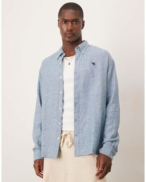 Abercrombie & Fitch Overhemd Van Linnenmix Met Lange Mouwen En Icoonlogo - Blauw