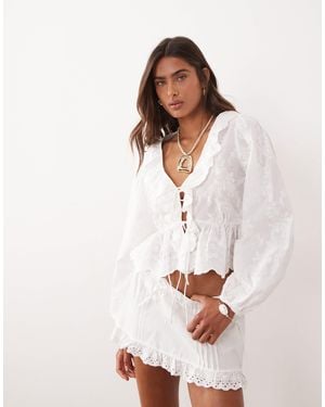 Mango Embroidered Tie Front Blouse With Ruffles - White