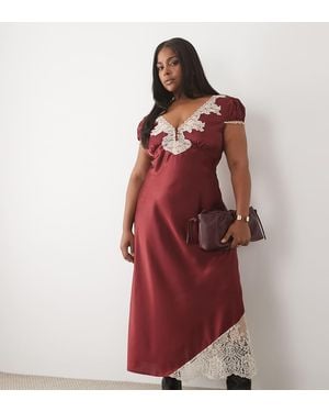 ASOS Asos Design Curve Satin Tea Maxi Dress With Contrast Lace - Red