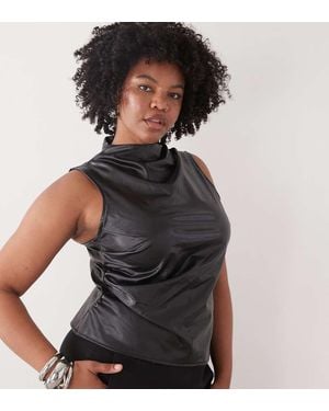 Noisy May High Neck Faux Leather Asymmetric Top - Black