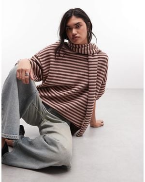 Daisy Street Oversized Stripy Knit Sweater With Collar - Brown