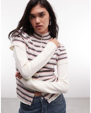 Daisy Street Zweilagiges strickoberteil mit hohem kragen und knopfleiste - Grau