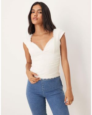 Abercrombie & Fitch Top en dentelle avec manches courtes et décolleté en cœur - crème - Bleu