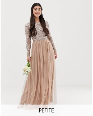 Maya Petite Bridesmaid Long Sleeve Maxi Tulle Dress With Tonal Delicate Sequins - Natural