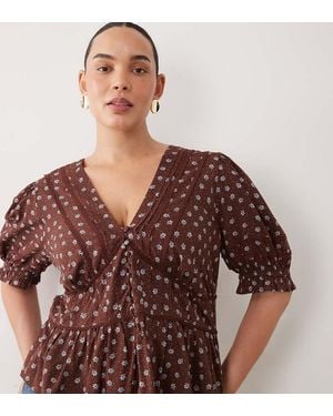 Nobody's Child V Neck Puff Sleeve Button Front Blouse - Brown