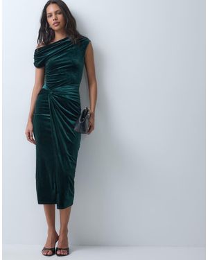 New Look Velvet Fallen Shoulder Knot Detail Midi Dress - Blue