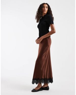 Vero Moda Satin Midi Skirt With Lace Detail Hem - White