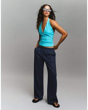 Bershka Tall Linen Blend Trousers With An Elasticated Waistband - Blue