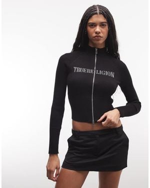 TRUE RELIGION Crystal Logo Turtleneck Zip Through Jumper - Black