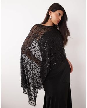 Pretty Lavish Embellished Sheer Beaded Cape - Black
