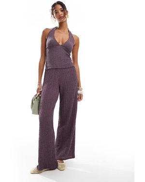 Pull&Bear Textured Wide Leg Trousers Co-ord - Purple