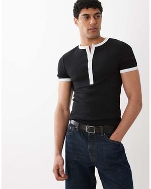 ASOS Muscle Fit Geribbeld T-Shirt Met Henley-Hals En Contrasterend Detail - Blauw