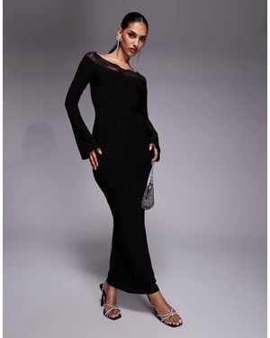 Fashionkilla Exclusive Slinky Lace Trim Bardot Flare Sleeve Maxi Dress - Black