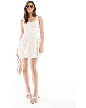 The Frolic Exclusive Poplin Ruched Bust Dropped Waist Puffball Mini Dress - White