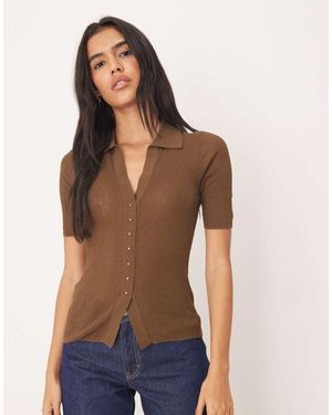 Mango V Neck Knitted Short Sleeve Polo Top - Brown