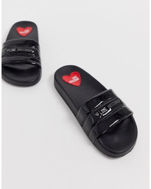 Love Moschino Patent Pool Sliders - Black