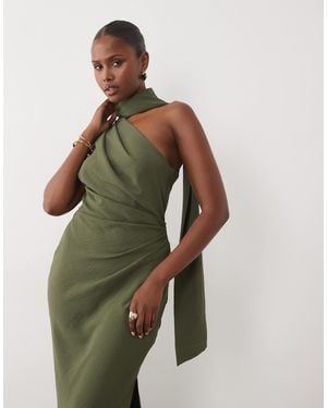 ASOS One Shoulder Gathered Waist Maxi Dress With Scarf - Green