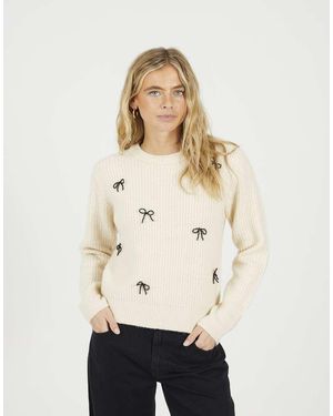 Brave Soul Crew Neck Jumper With Jewel Bow Detail - Natural