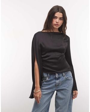 Monki Drape Satin Cape Long Sleeve Top - Black