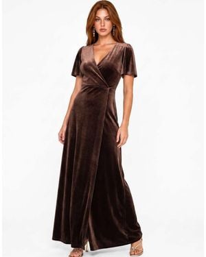 Maya Faux Wrap Short Sleeve Velvet Maxi Dress - Brown