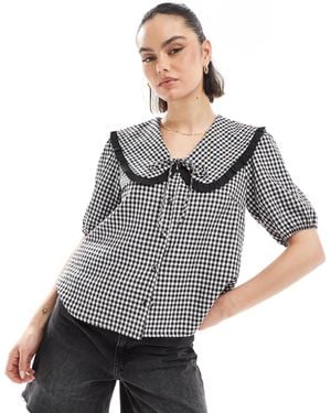 Threadbare – bluse mit em vichykaro-print und oversize-kragen - Grau
